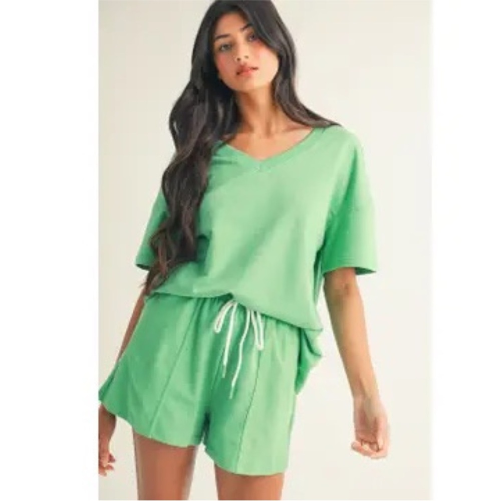 Women’s Two Piece Shorts Set- Drop Shoulder Tee with Patchwork Drawstring Shorts